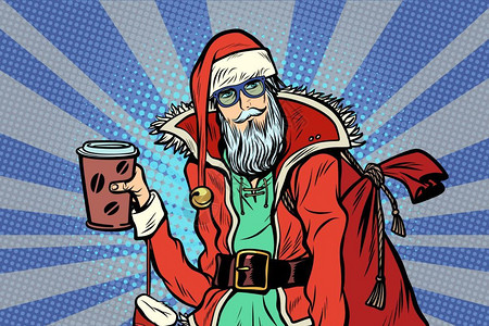 圣诞节咖啡流行艺术受欢迎的戴眼镜的圣诞老人插画