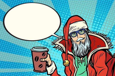 圣诞节咖啡流行艺术戴眼镜的圣诞老人插画