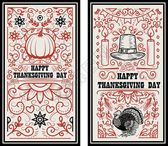 感恩节火鸡元素感恩节快乐标语模板配有南瓜火鸡海报标语卡片的设计元素矢量插图插画
