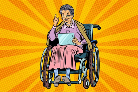 長者使用轮椅的老年残疾妇女老人小工具板流行艺术复变矢量说明使用轮椅的老年妇女残疾人设计图片