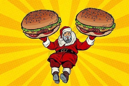 潘克拉斯流行艺术反向矢量说明圣塔克拉斯和两个汉堡快餐礼物插画