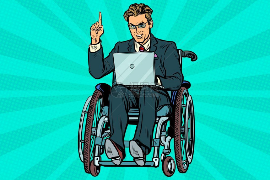 具有膝上型电脑的轮椅商人图片