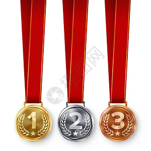 金属等级奖章配红丝带矢量元素背景图片