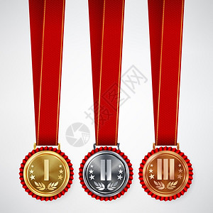 金属等级奖章配红丝带矢量元素背景图片