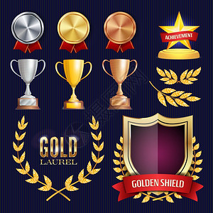 金色奖牌素材奖杯金牌和标签冠军和金银铜徽章奖牌组合矢量元素插画