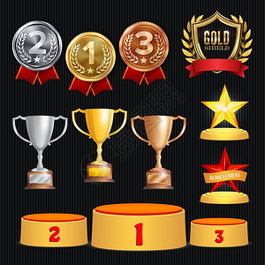 颁奖奖品元素奖杯金牌和标签冠军和金银铜徽章奖牌组合矢量元素插画