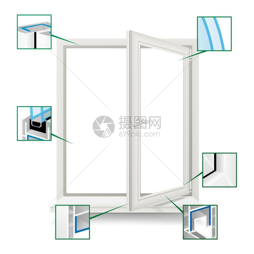 经典的塑料窗口矢量白色窗口框架配置文件打开现实的窗口插图图片