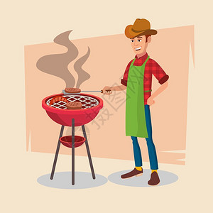 经典西冷牛排矢量烧烤工具炉与快乐男人的叉子平坦漫画插图插画