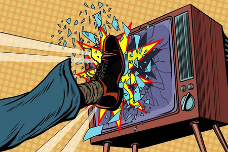 电视爆炸素材流行艺术反向矢量插图断腿电视概念假新闻插画