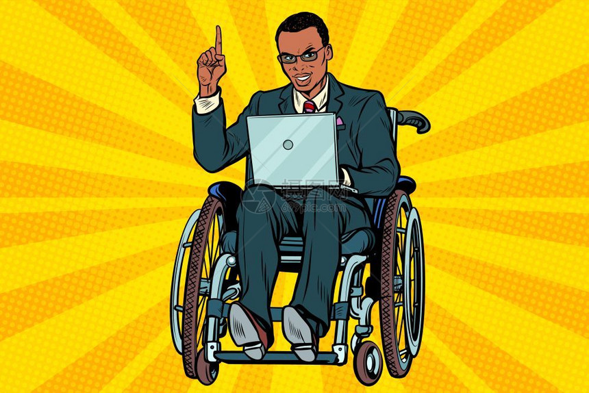 带膝上型电脑的非洲轮椅商人流行艺术回向矢量图图片