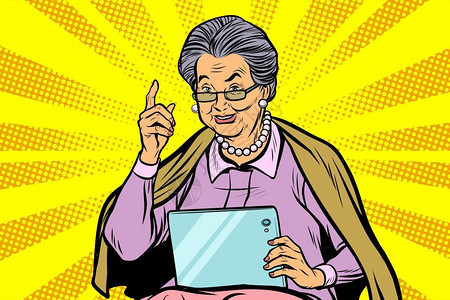 退休了平板电脑配有平板片的老年妇女配有流行艺术复演矢量图插画