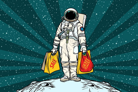 购物空间波普艺术带着销售袋回来的宇航员插画