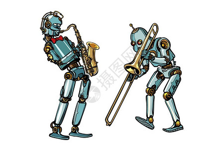 长号黄铜乐队音家机器人萨克斯风矢量插图漫画手绘插画