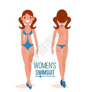 性感唇妆展示女孩展示夏季沙滩泳装背面和正面插图插画