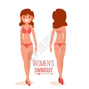 童裤女孩展示夏季沙滩泳装背面和正面插图插画