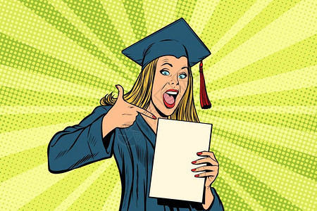 女大学生手拿毕业证书戴毕业帽手拿文凭的女大学生插画