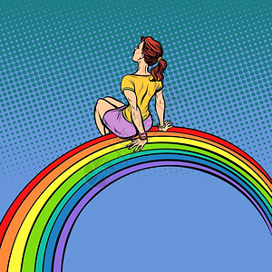 矢量插图漫画卡通年轻女人坐在彩虹上背景图片