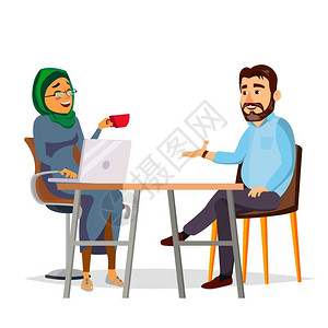 咖啡男女坐在桌旁交谈的男女插画