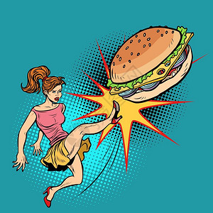 南涧跳菜流行艺术踢走垃圾食品的女子插画