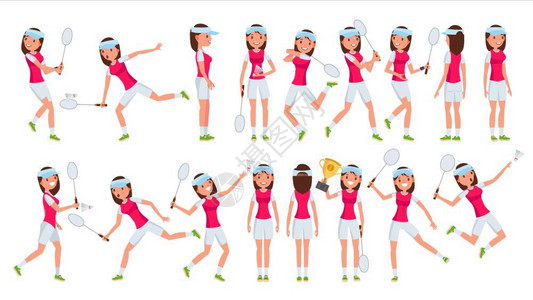 运动女性羽毛球羽毛球女玩家不同动作卡通插画插画