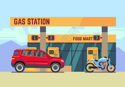 燃料消耗汽车和摩托车在加油站插画