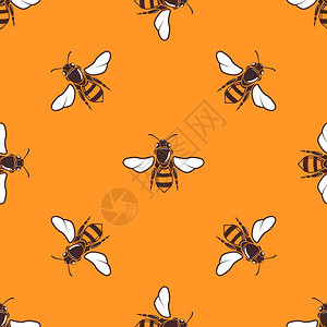 蚂蚁珠宝素材橙色中飞行的蜜蜂矢量无缝模式背景插画