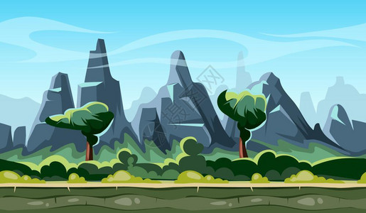 卡通自然景观有树木和山岳蓝天云彩矢量背景图背景图片