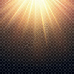 发光效应现实而透明的黄色太阳射线暖橙色耀斑效应在格子背景上隔离现实而透明的黄色太阳射线在格子背景上隔离的温暖橙色耀斑效应来自恒星的阳光太插画