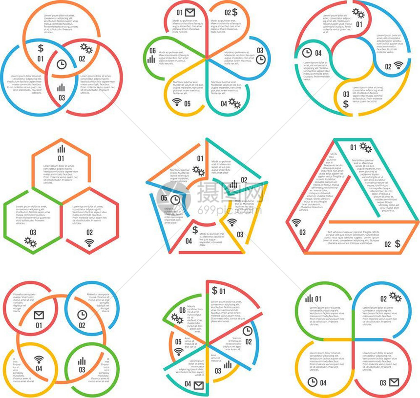 彩色厚线圆三角形六五信息商业图示表矢量模板彩色厚线圆商务图示表模板带有信息的彩色横幅集矢量图解图片