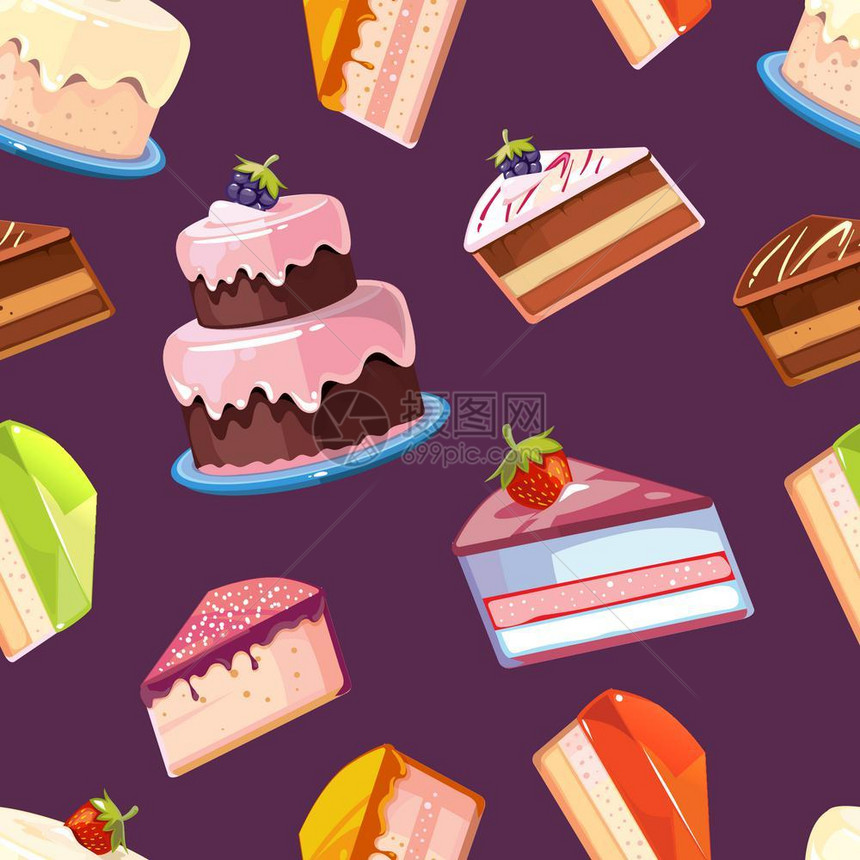 甜无缝矢量模式背景带有彩色蛋糕插图图片