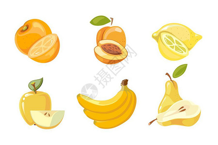 橘子柠檬黄色水果橙子杏柠檬香蕉梨子矢量元素插画