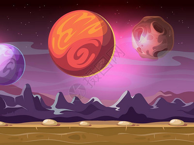 游戏空间自然星空上有月亮和行星的外星球插画