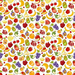 各种矢量水果无缝模式彩色热带水果插图的背景图片