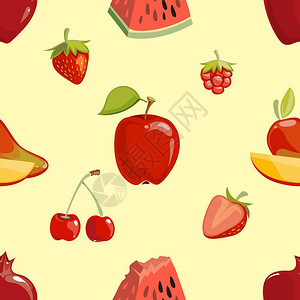红色水果无缝图案石榴苹果和草莓矢量图图片
