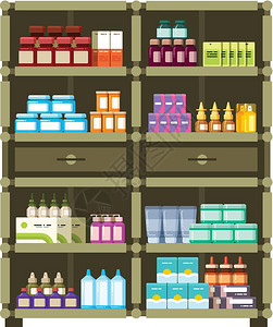药店货架药房架子装有医疗箱和药瓶插画