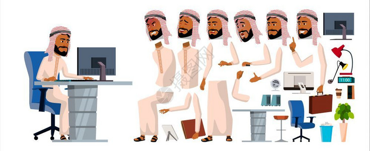 阿拉伯男子办公室工作人员矢量动画元素集图片