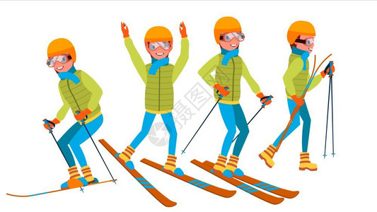 羽绒服素材男穿羽绒服戴帽子护目镜的滑雪男运动员插画