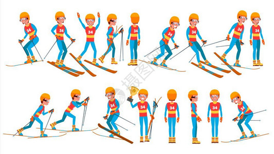 滑雪姿势冬季的不同姿势的滑雪男孩插画