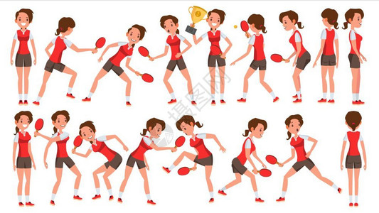 乒乓球女运动员不同动作表情卡通形象矢量插画图片