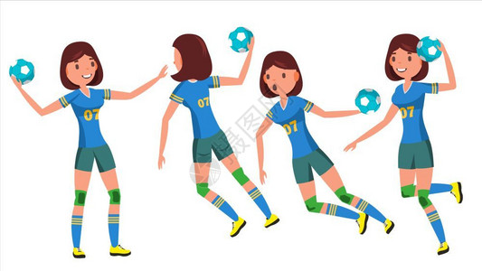 女手球运动者矢量以不同姿势玩耍卡通人物插图图片
