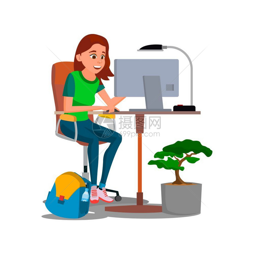 卡通正在电脑办公的女孩图片