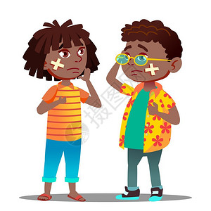 悲伤的黑人美国女孩悲伤的黑人男孩脸上伤口卡通插图图片