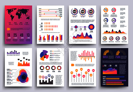 金融数据海报设计使用现代样式图表和的矢量模板集彩色信息图表和形解的info图表模板形商务报告矢量模板带有现代样式图表和插画