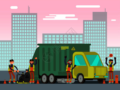 废物管理和城市垃圾汽车的工作者图片