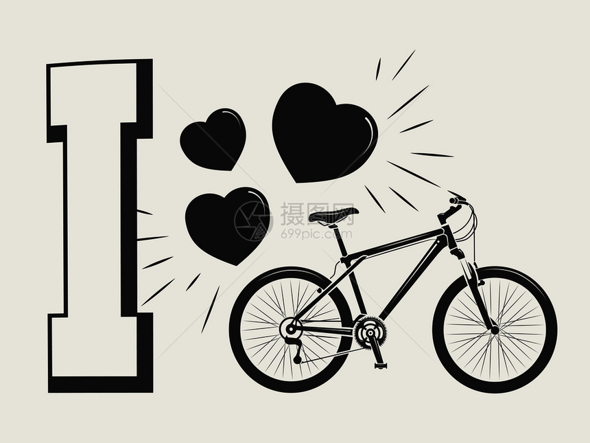 i喜欢自行车印刷设计用自行车和心脏打印用自行车和心脏打印刷运动式自行车矢量说明图片