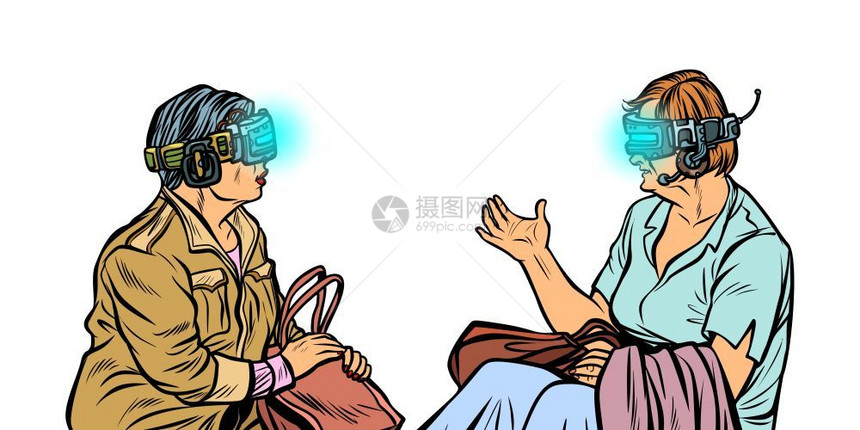 戴着VR眼镜的妇人相互交谈复古卡通插画图片