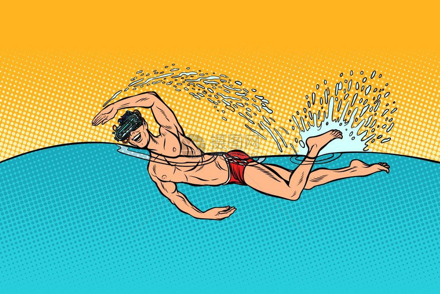 波普风游泳的男运动员矢量插图图片