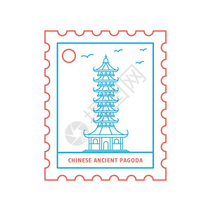 红邮票中国古代宝塔邮票版线条插画插画