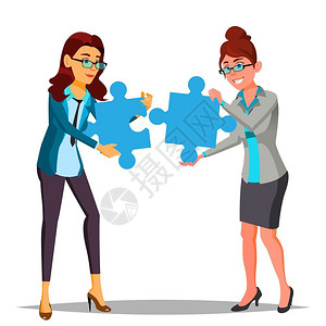 拼图中小朋友伙伴关系矢量两名商业妇女手握大拼图然后凑起来示例插图插画