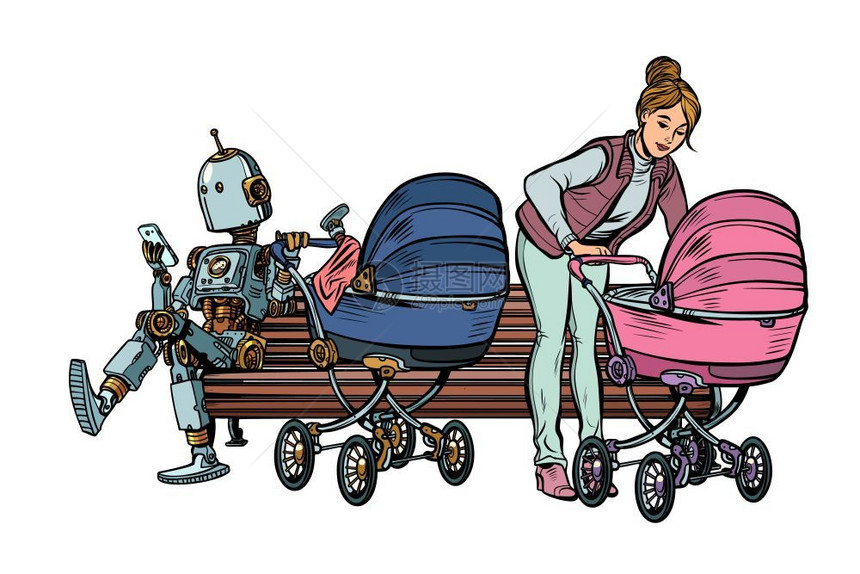 婴儿车公园长椅的年轻母亲和机器人图片